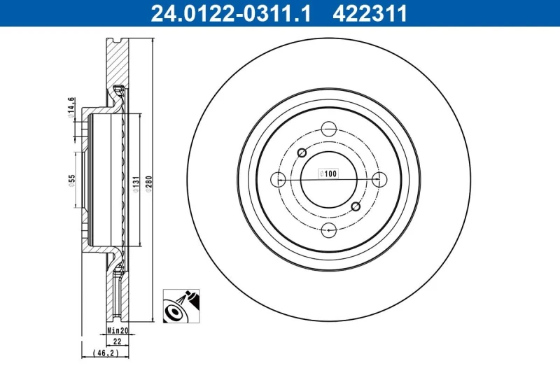 Image of Brake disc ATE 24.0122-0311.1