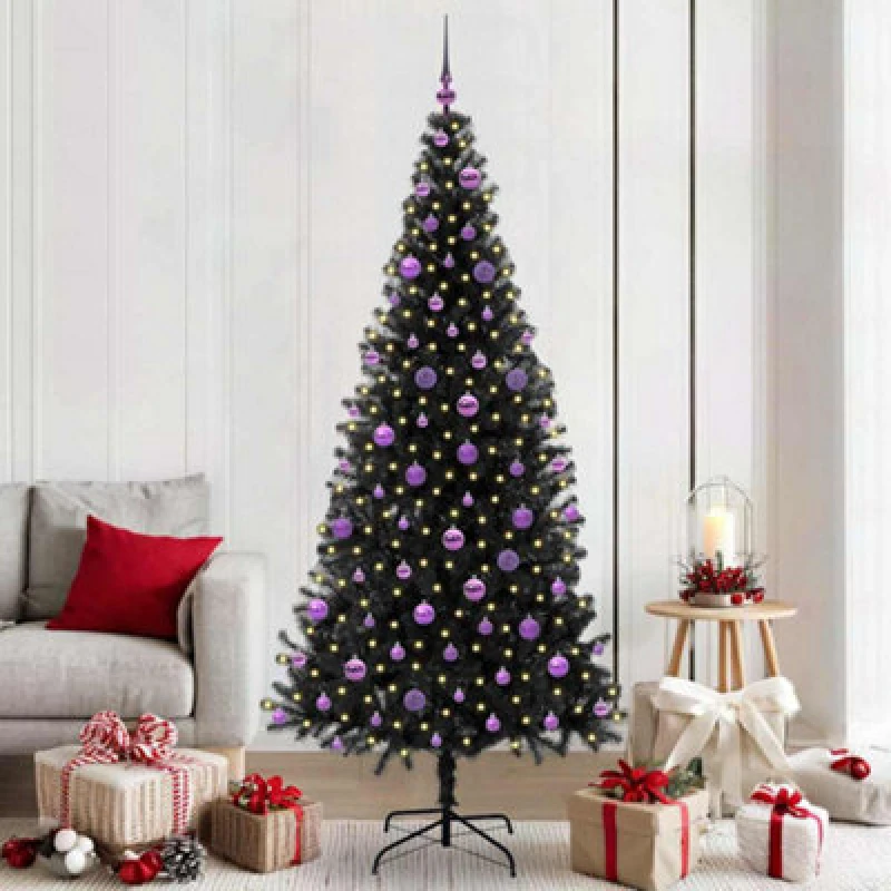 Image of vidaXL Christmas Tree with 300 LEDs, Lilac Balls with Stand Black 210cm PVC, Black 3396493