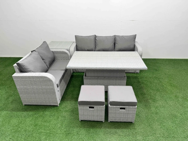 Image of Fimous 7 Seater PE Rattan Wicker Garden Furniture Patio Conservatory Sofa Set with Adjustable Lifting Dining Table 2 Stools Side Table