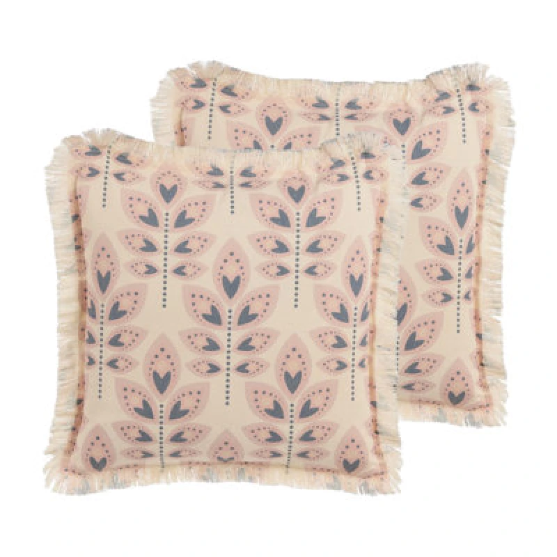 Image of Beliani Set Of 2 Decorative Cushions Rudbeckia 60 X 60 Cm Light Beige Plant Pattern