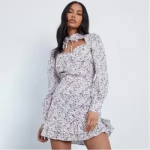 Image of I Saw It First Floral Print Tie Collar Cut Out Mini Dress - White