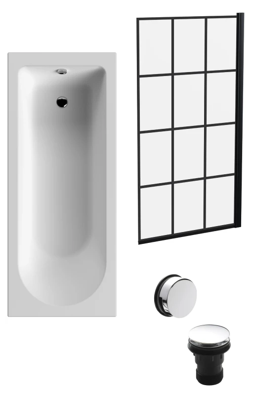 Image of Balterley Round Bath Tub, Black Framed Screen, Chrome Waste 1700 x 700mm Silver