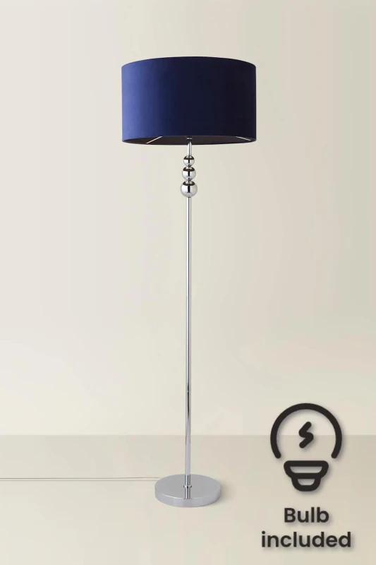 Image of ValueLights Marissa Velvet Drum Shade with Chrome Stacked Ball Floor Lamp with LED Bulb Navy