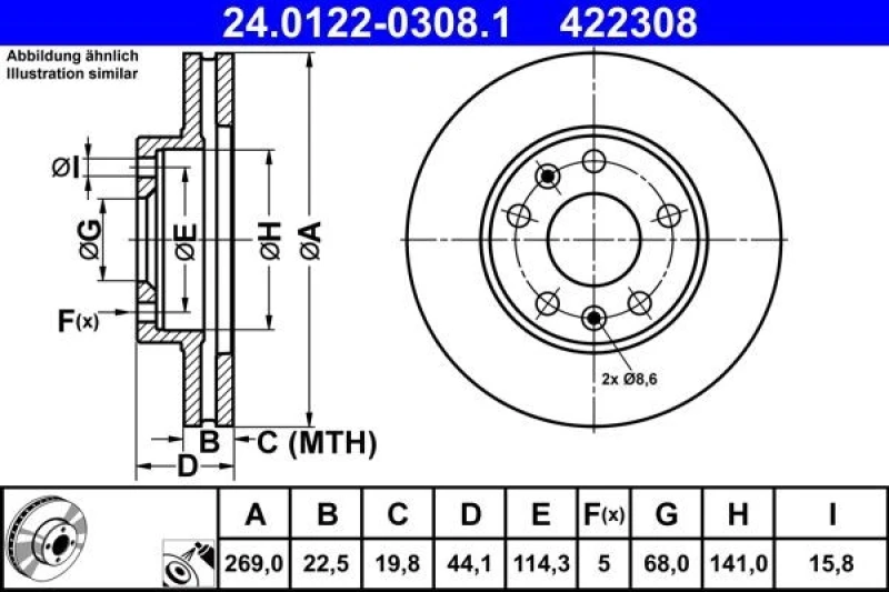 Image of Brake disc ATE 24.0122-0308.1