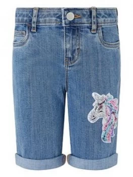 Image of Monsoon Girls Elouise Unicorn Sequin Denim Short - Blue, Size Age: 8 Years, Women