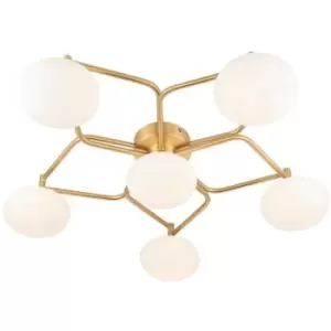 Image of Merano Pesaro Decorative Flush Ceiling Lamp, Satin Brass Plate, Matt Opal Glass