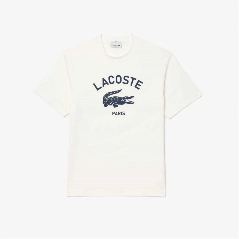 Image of Lacoste White Signature Print Cotton T-Shirt White Male XL 239557UK