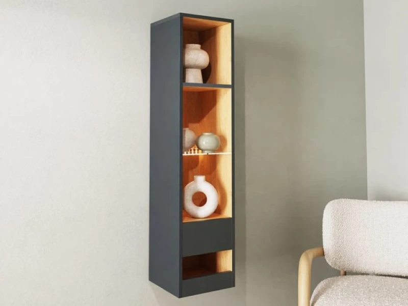 Image of GFW Leon Anthracite and Oak Tall Shelf Unit With LED Lighting