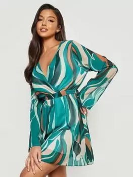 Image of Boohoo Abstract Chiffon Belted Dress - Green, Size 10, Women