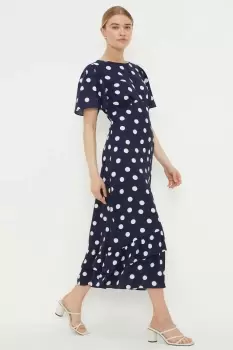 image of Navy Spot Frill Hem Midi Dress