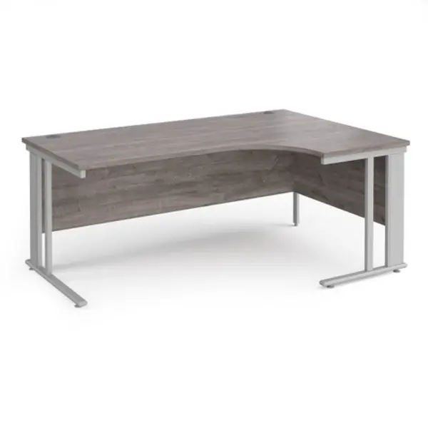 Image of Maestro 25 right hand ergonomic desk 1800mm wide - silver cable managed leg frame, grey oak top