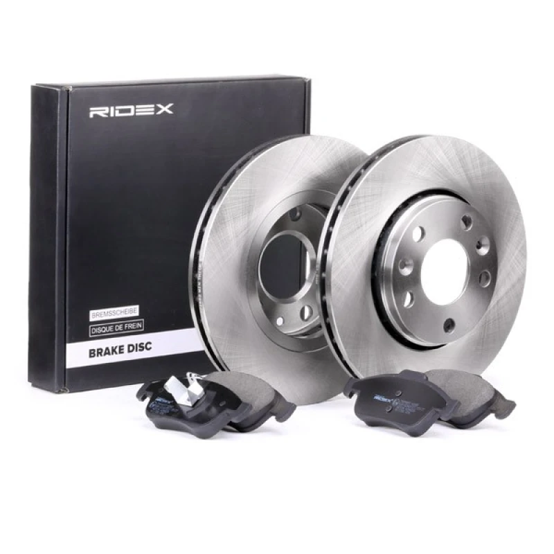 Image of RIDEX 3405B0228 Brake disc and pads set Front Axle, Brake Disc Type: Vented, not prepared for wear warning indicator, with anti-squeak plate Brake Se