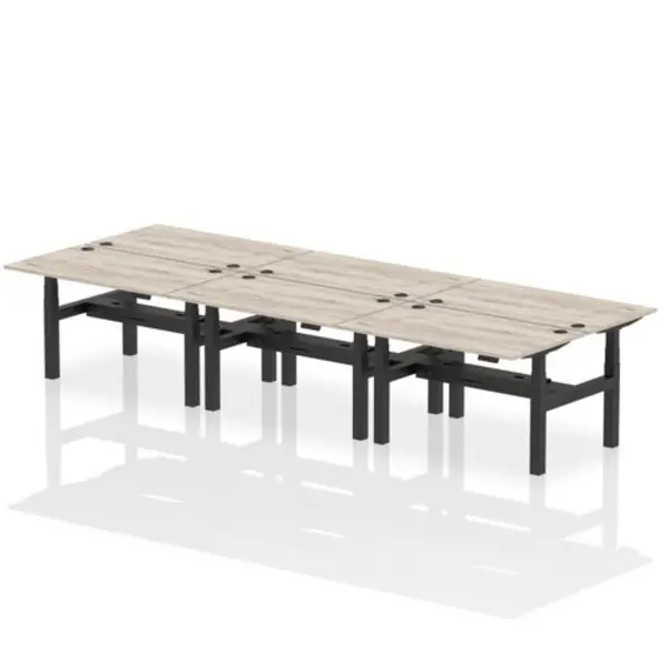 Image of Air Air Back-to-Back 1400 x 800mm Height Adjustable 6 Person Bench Desk Grey Oak Top with Cable Ports Black Frame HASCP6P14800GRYB