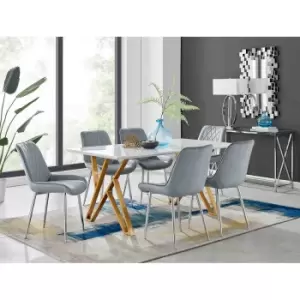 Image of Furniture Box Taranto White High Gloss Dining Table and 6 Grey Pesaro Silver Leg Chairs
