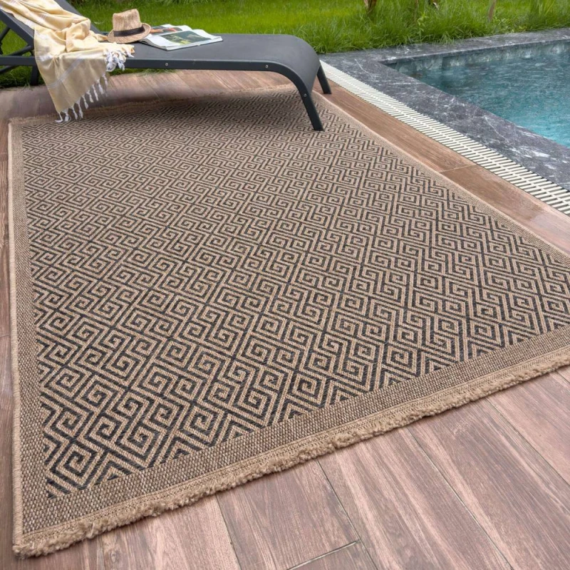 Image of THE RUGS Jute Looking Greek Key Design Outdoor Rugs Dark Grey Nature 5100DG Size: 200cm x 290cm Dark Grey Unisex 200cm x 290 cm