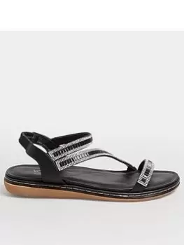 image of Yours Wide Fit Strappy Asymetric Sparkle Flat Sandal Black, Size 5E, Women