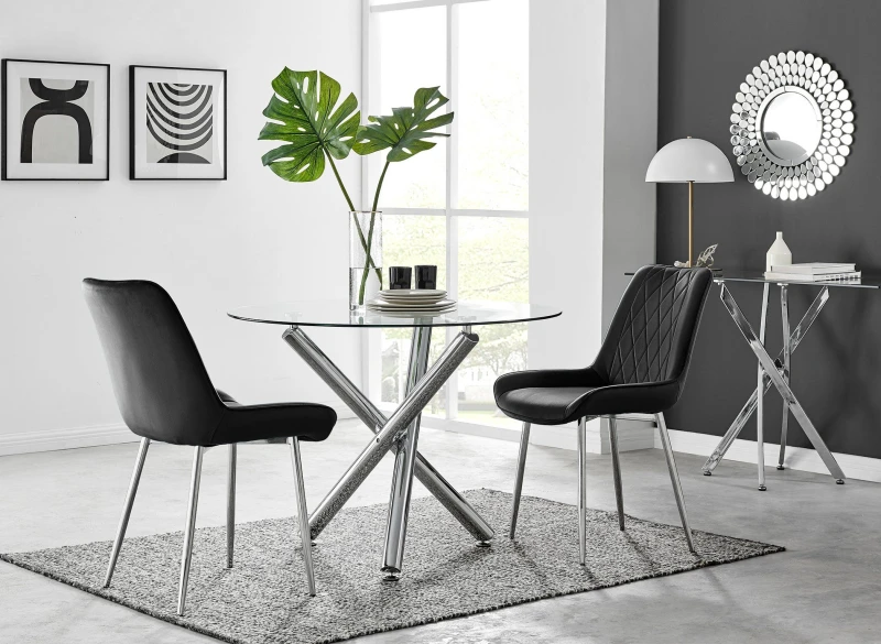Image of FurnitureboxUK FurnitureboxUK Selina Round Glass Chrome Leg Dining Table and Pesaro Silver Leg Chairs in Black Size: 4 Person Black 4 Person Unisex