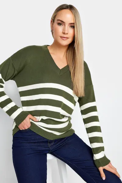 image of Long Tall Sally Tall Khaki Green Stripe Jumper Green