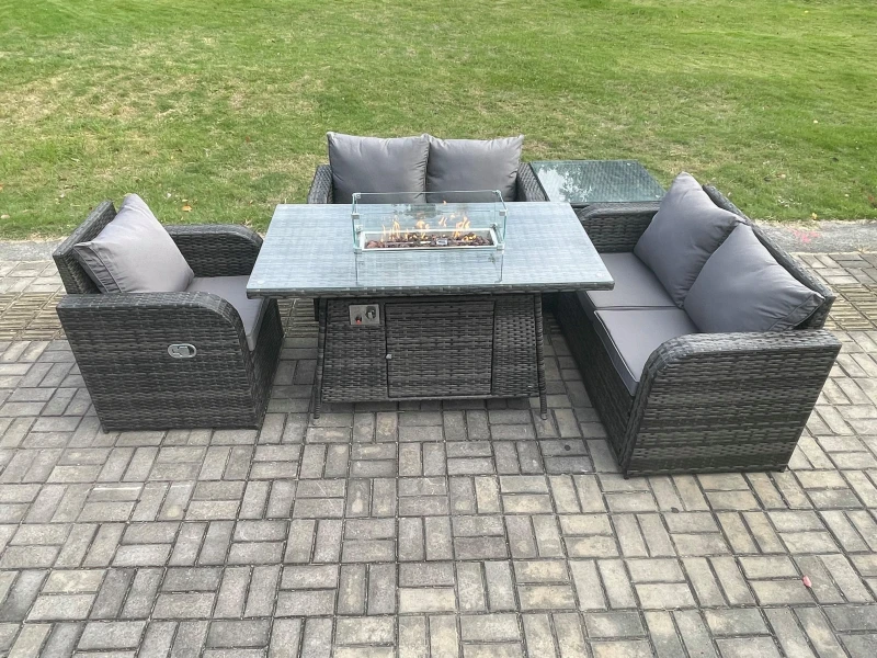 Image of Fimous Rattan Garden Furniture Set with Gas Fire Pit Dining Table,Side Table Indoor Outdoor 5 piece Love Sofa set Dark Grey