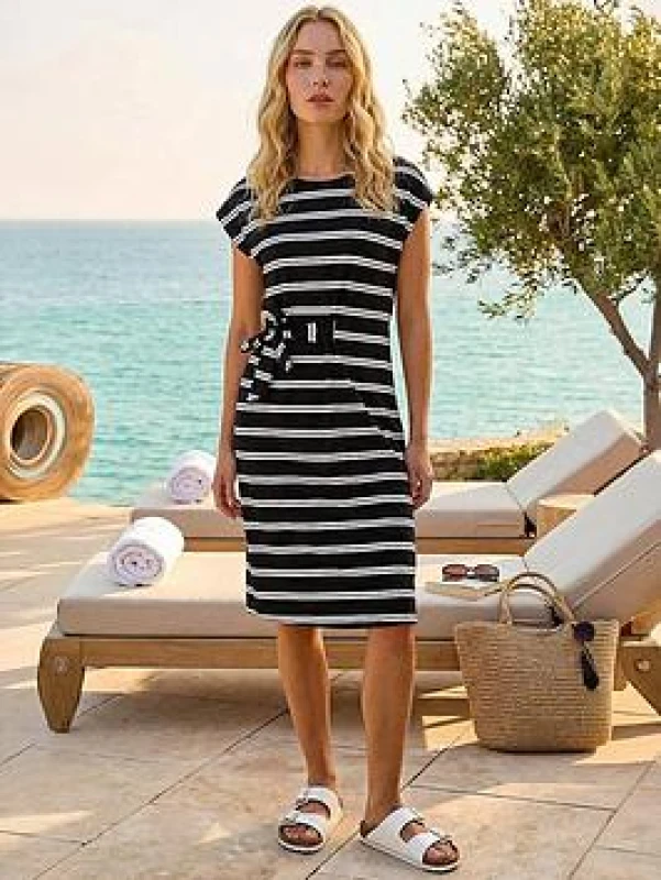 Image of Roman Womens Stripe Tie Side Stretch Midi Dress in Black Size: 16 Black Female 16