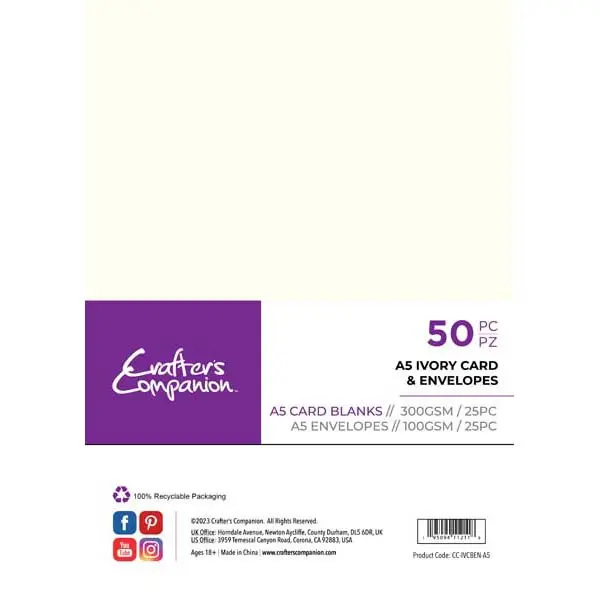 Crafter's Companion A5 Card Blanks & Envelopes Ivory 300 GSM Pack of 25