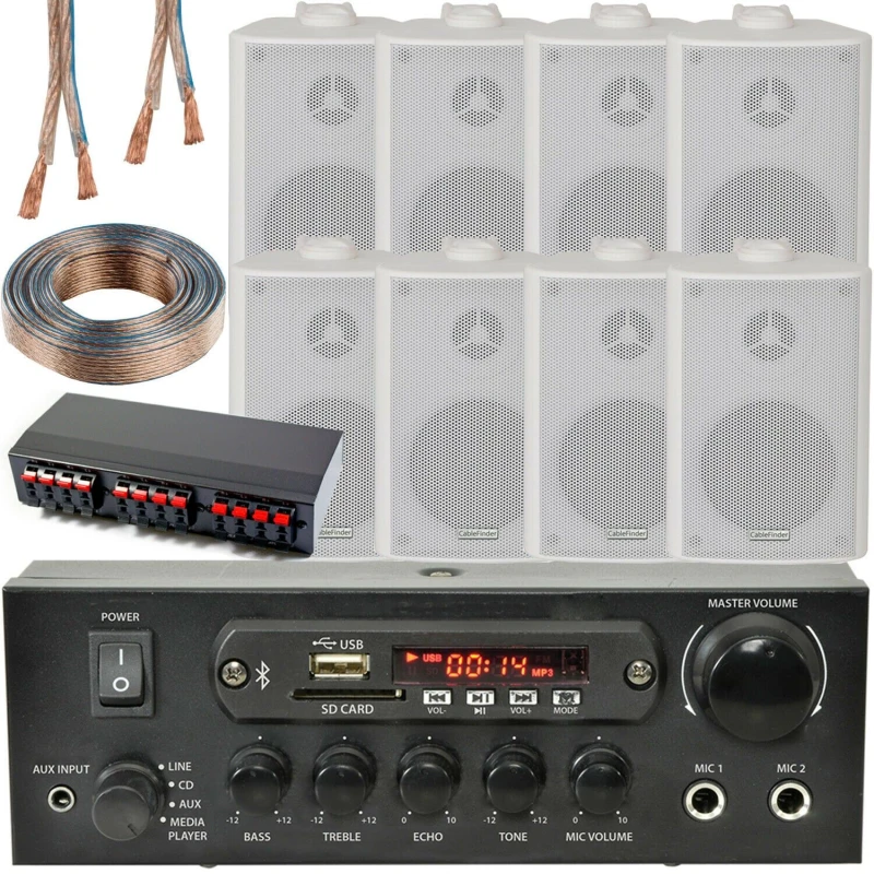 Image of Loops Bluetooth Wall Speaker Kit 4 Zone Stereo Amp & 8x White Wall Background Music White unisex