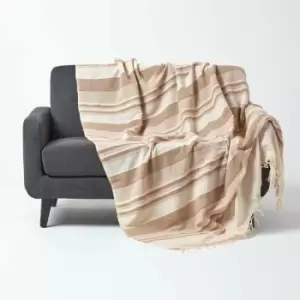 Image of HOMESCAPES Cotton Morocco Striped Beige Throw, 225 x 255cm - Natural