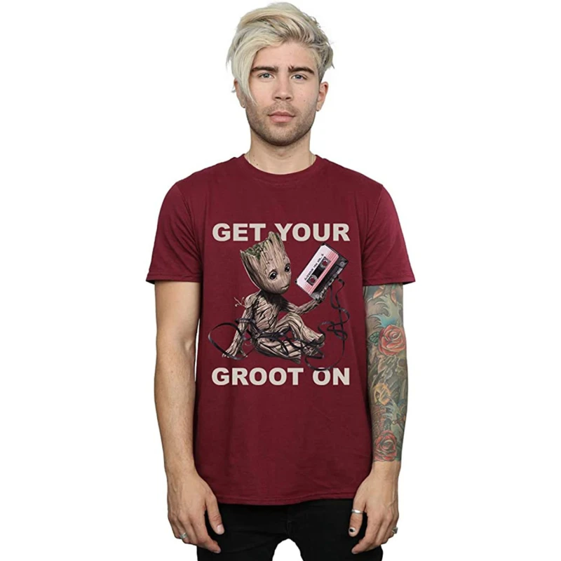 Image of Guardians Of The Galaxy 2 Mens Get Your Groot On T-Shirt in Maroon Size: Small Maroon Male S