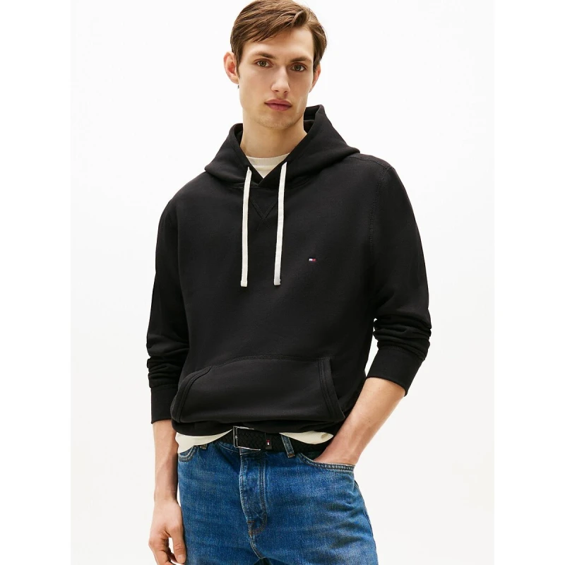 Image of Tommy Hilfiger Fleece Hoodie with Drawcord Black Cotton S