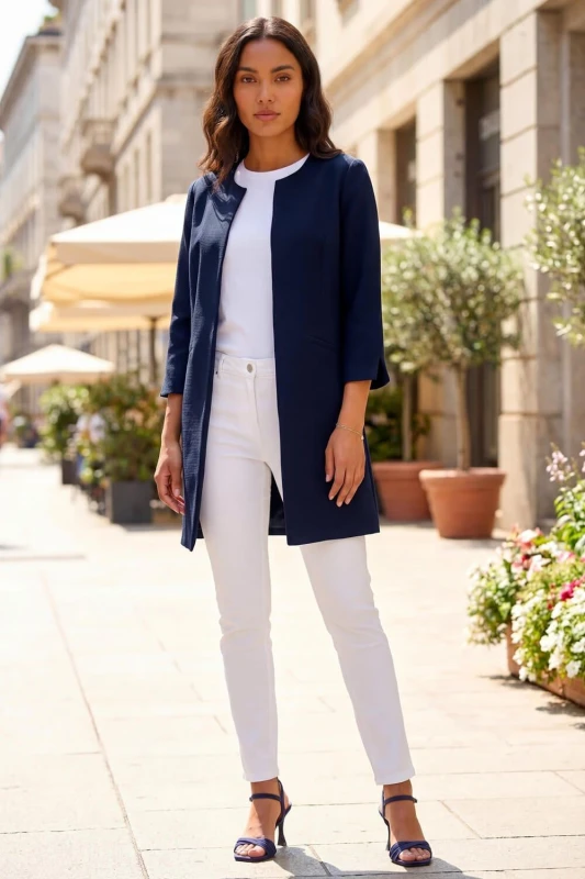 Image of Roman Womens 3/4 Sleeve Textured Longline Jacket in Navy Size: 20 Navy Female 20