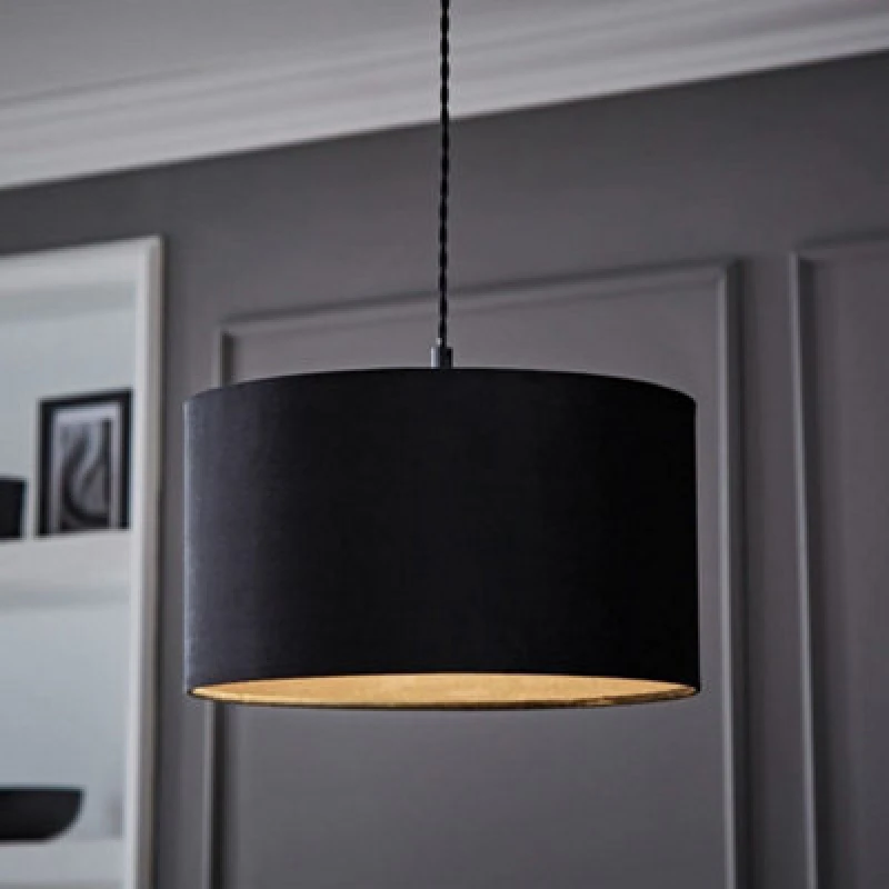 Image of VALUELIGHTS Velvet Ceiling Light Shade Lampshade Drum Pendant Easy Fit - Medium - Black 26298