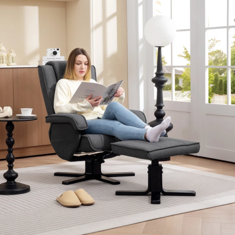 Image of HOMCOM HOMCOM Swivel Recliner Chair with Footstool, Linen Upholstered in Charcoal Size: Armchair Charcoal Armchair Unisex 5063603695986