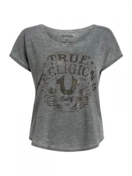 Image of True Religion Scoop Neck Rhinestone Calif Logo Tee Black