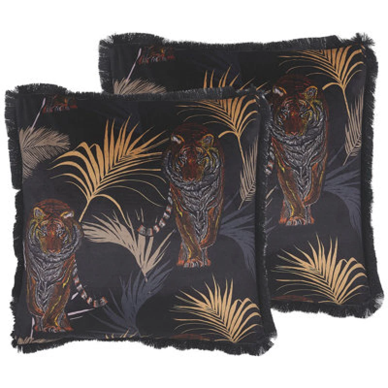 Image of Beliani Set Of 2 Decorative Cushions Ramtek Velvet 45 X 45cm Black Animal Pattern