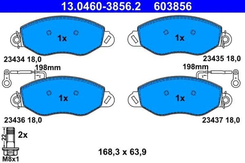 Image of ATE 13.0460-3856.2 Brake pad set incl. wear warning contact, with brake caliper screws Brake Pad Set,disc brake (402)