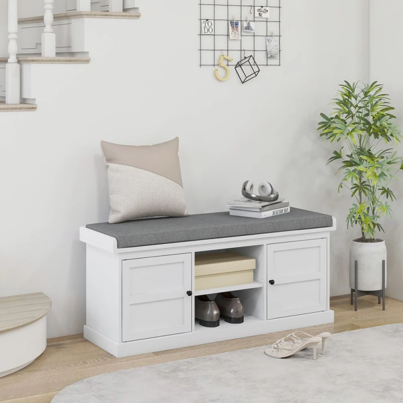Image of HOMCOM Shoe Bench with Cushioned Seat Adjustable Shelf for Hallway White