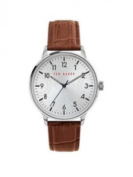 Image of Ted Baker Cosmop Silver Engraved Dial Brown Leather Strap Watch, One Colour, Men