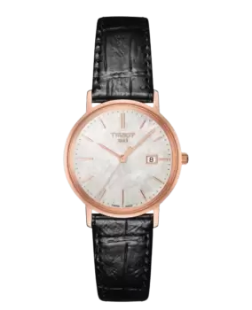 image of Tissot T-Gold Goldrun Lady Mother of Pearl Dial Black Leather Strap Womens Watch T922.210.76.111.00 T922.210.76.111.00