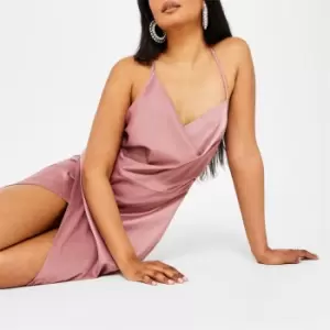 Image of Missguided Petite Asymmetric Cowl Neck Satin Midi Dress - Brown