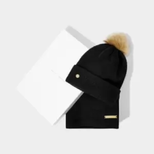 Image of Boxed Fine Knitted Black Hat & Scarf Set KLS544