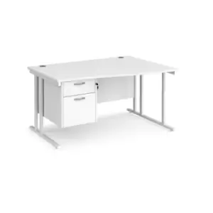 image of Office Desk Right Hand Wave Desk 1400mm With Pedestal White Top With White Frame Maestro 25 MC14WRP2WHWH