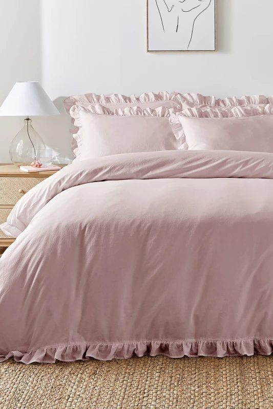 Image of Appletree 'Cassia Frill' 100% Cotton Relaxed Look Duvet Cover Set in Lavender Size: Super King Lavender Unisex Super King