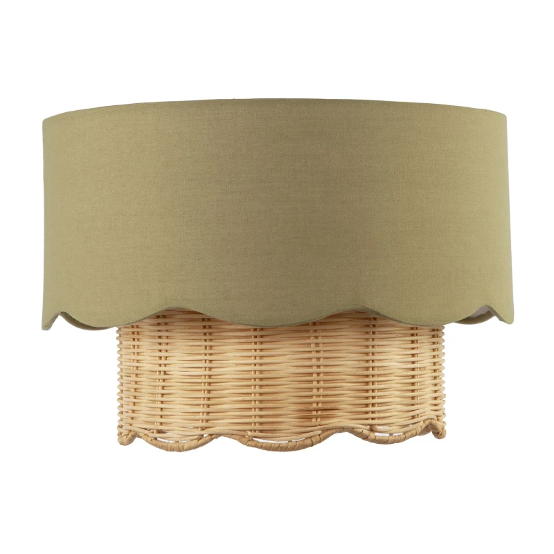 Image of Happy Homewares Dark Olive Linen Fabric & Natural Rattan Scallop Pendant Lamp Shade Olive Unisex