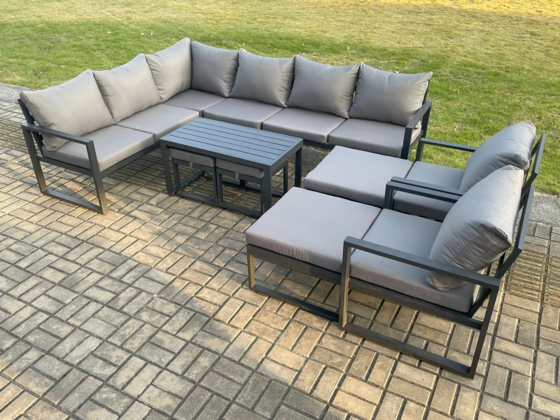 Image of Fimous Aluminium Outdoor Garden Furniture Set Patio Lounge Sofa with Oblong Coffee Table Chair 2 Small Footstools Big Footstool Dark Grey Dark Grey Un