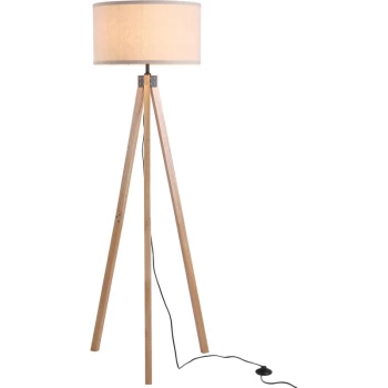 image of Wood Tripod Floor Lamp Home Lighting Elegant E27 Bulb Linen Shade Beige - Homcom