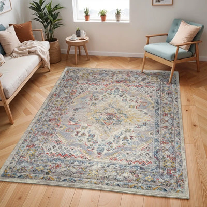 Image of Livabliss Vintage Oriental Boho Taupe Jade Area Rug 160 X 213cm - Easy Care, Non Shedding, Ideal For Living Room & Bedroom