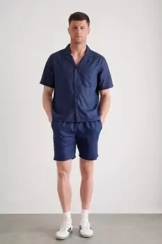 Image of Mens Navy Short Sleeve Linen Pocket Shirt