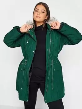 Image of Yours Yours Plush Faux Fur Trim Parka Green, Size 34-36, Women