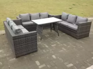 Image of Fimous 9 Seater Outdoor Dark Grey Rattan Lounge Sofa Complete Set with Oblong Dining Table and Clear Tempered Glass