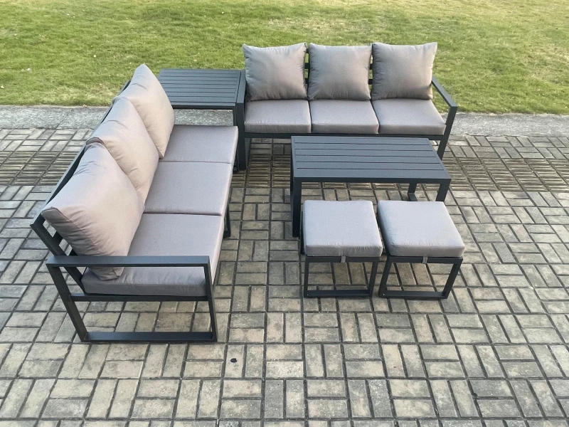 Image of Fimous Aluminium Patio Outdoor Garden Furniture Lounge Sofa Set with Oblong Coffee Table 2 Small Footstools Side Table Dark Grey Dark Grey Unisex